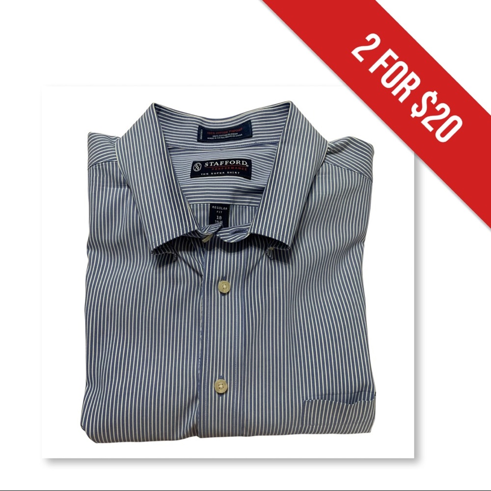 Stafford  Blue & White Striped 'The Super Shirt' Dress Shirt- 18 Neck/34-35